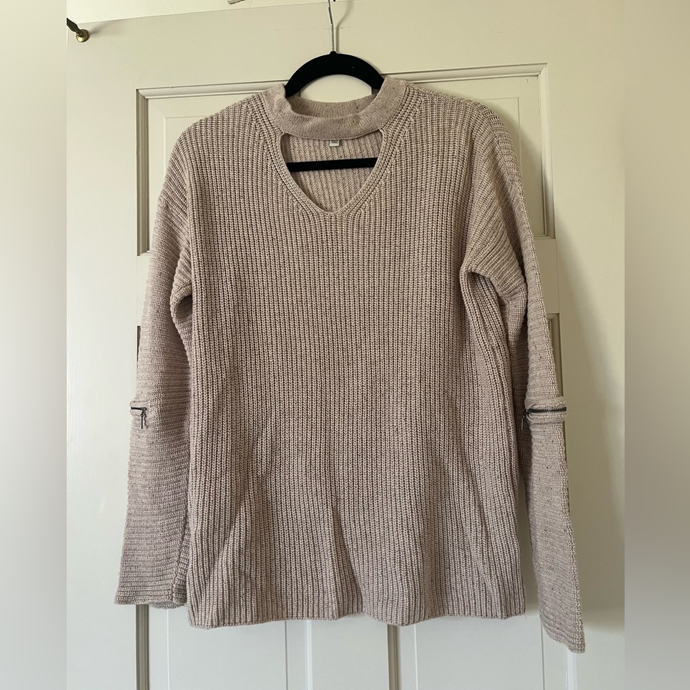Neiman Marcus Women's Long Sleeve Beige Knit Sweater Size Small Elbow Zippers